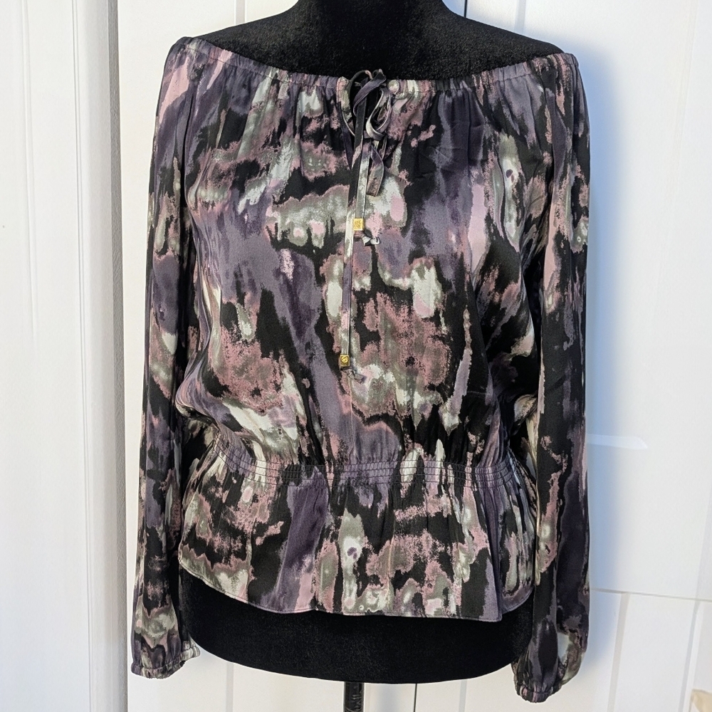 MICHAEL KORS Chic Women's Off The Shoulder Peplum Top Abstract Watercolor Sz S